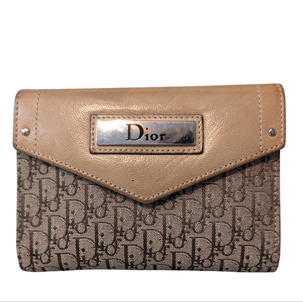 Dior Tan and Brown Women's Wallet Canvas Leather Needs Snap Replacement Preloved